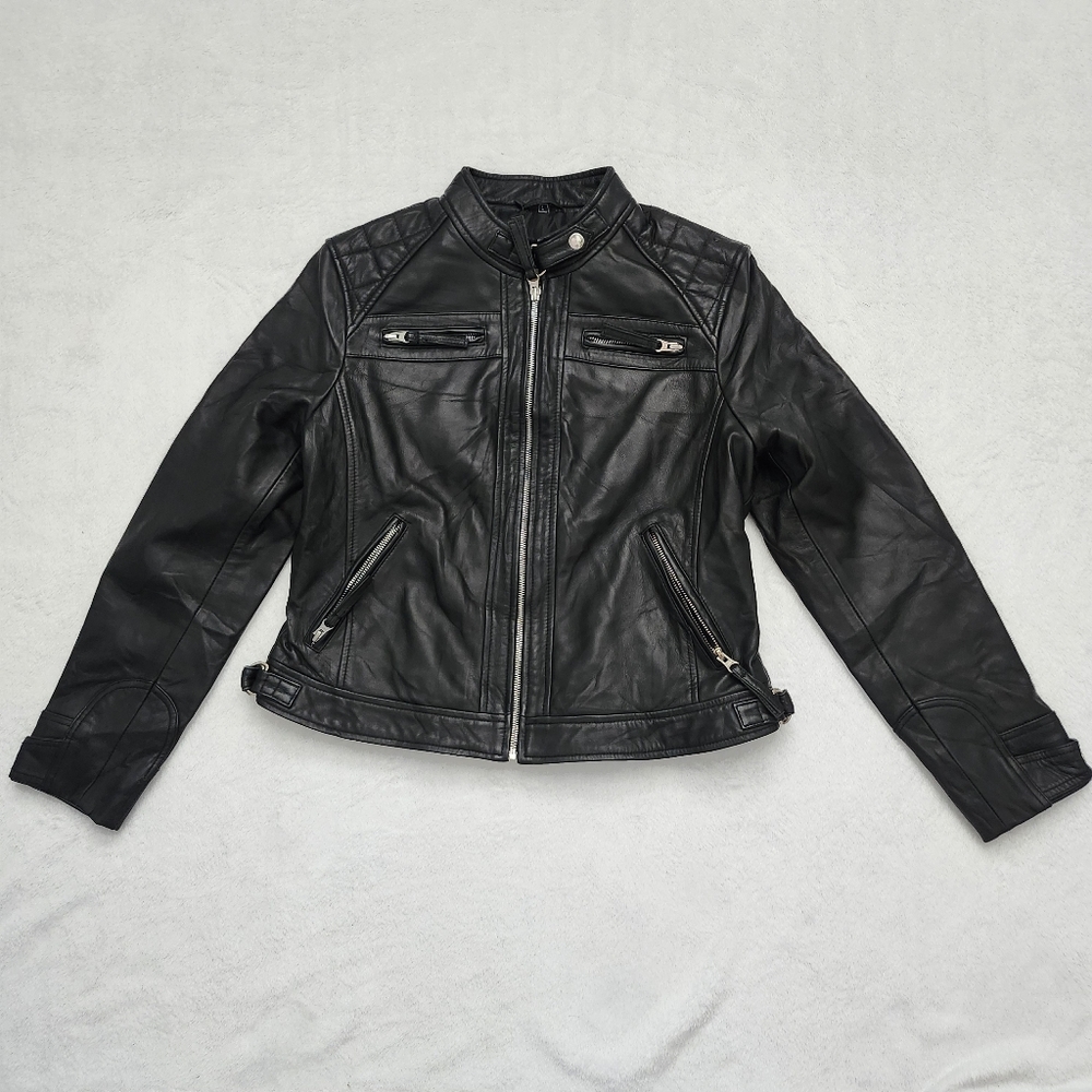 Women’s NWT Black Real‎ Leather Moto Jacket Biker Jacket Zip Pockets (READ/LOOK)